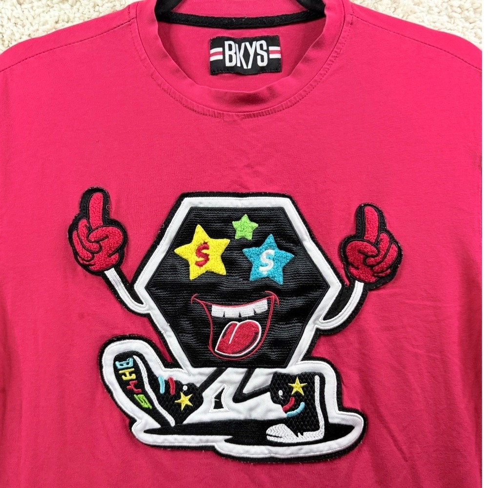 Mens M BKYS Graphic T-Shirt Red Cotton Blend Chenille Patch Streetwear Hip Hop